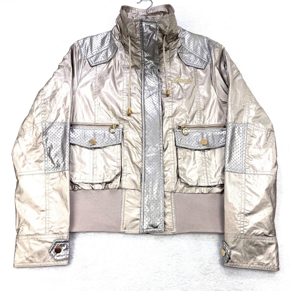 COOGI Jacket Womens Large Gold/Silver Australia Metallic Utiity Bomber VTG